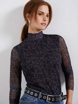 Mint Velvet Pippa Print Mesh Polo Neck Top - Dark Blue