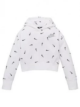 Nike Girls Nsw Aop Crop Ft Hoodie, White/Black, Size S, Women