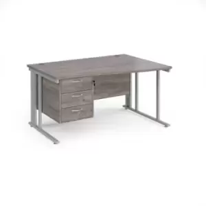 Maestro 25 right hand wave desk 1400mm wide with 3 drawer pedestal - silver cable managed leg frame and grey oak top