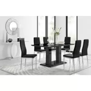 Furniturebox UK - Furniturebox Imperia 6 High Gloss Black Modern Dining Table and 6 Black Milan Faux Leather Dining Chairs With Silver Legs Diamond