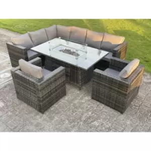 Fimous 8 Seater Outdoor Dark Grey Rattan Lounge Complete Sofa Set with Gas Fire Pit Dining Table, Gas Heater, and Lounge Chairs