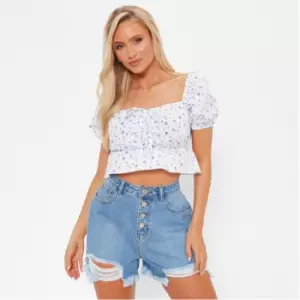 I Saw It First Distressed Hem Button Fly Denim Shorts - Blue