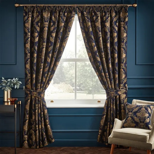 Shiraz Traditional Jacquard Pencil Pleat Curtains Navy, Navy / 168 x 183cm