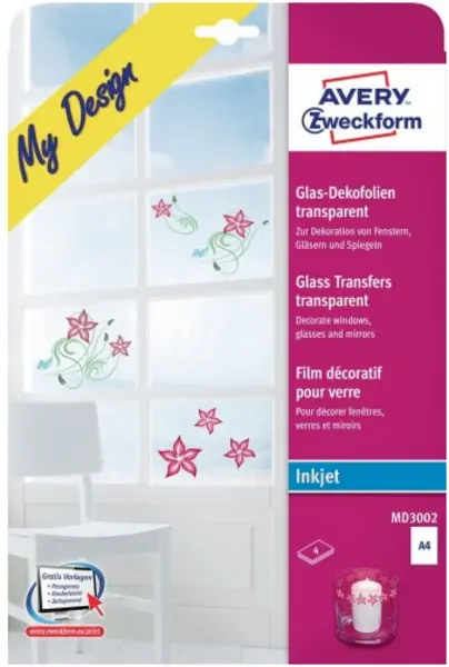 Avery-Zweckform My Design Glas MD3002 Decorative window transfer film A4 Inkjet printer Transparent 4 pc(s)