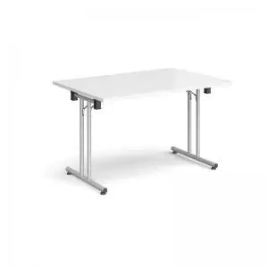 Rectangular folding leg table with silver legs and straight foot rails