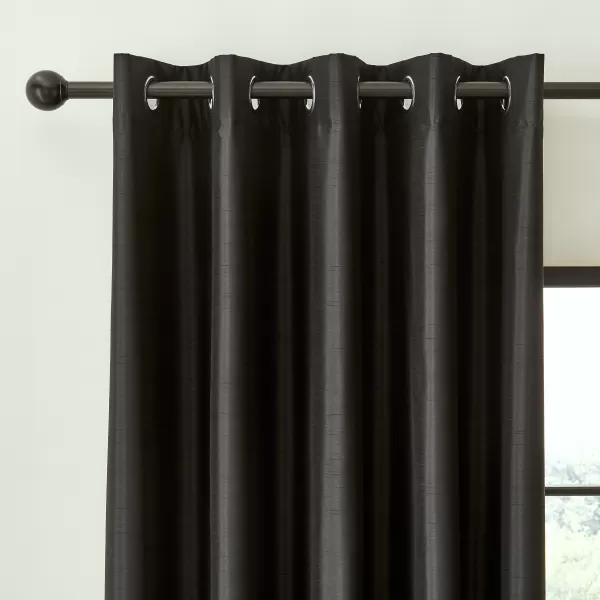 Catherine Lansfield Faux Silk Black Blackout Thermal Eyelet Curtains Black