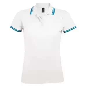 SOLS Womens/Ladies Pasadena Tipped Short Sleeve Pique Polo Shirt (M) (White/Aqua Blue)