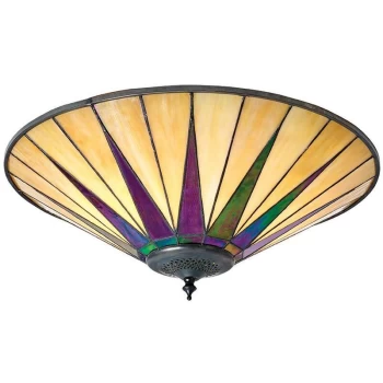 Interiors Dark Star - 2 Light Large Ceiling Flush Light Dark Bronze, Amber, Tiffany Style Glass, E27