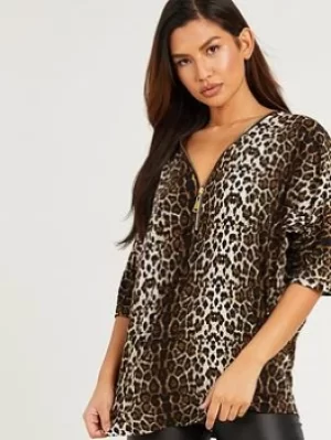 Quiz Animal Print Zip Front Top, Dark Brown, Size S, Women