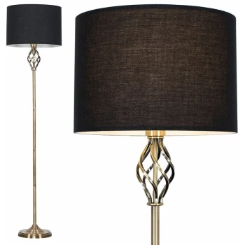 Barley Twist Floor Lamp in Antique Brass with Drum Shade - Black