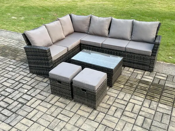 Fimous 6 Seater Outdoor Dark Grey Rattan Lounge Complete Sofa Set Left Side with Oblong Coffee Table and 2 Stools