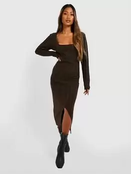 Boohoo Square Neck Rib Knit Midaxi Dress - Chocolate, Brown, Size S, Women