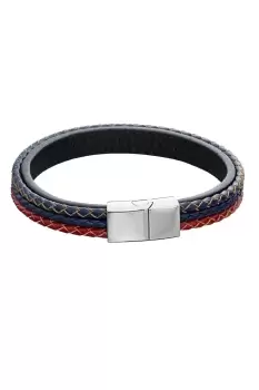 Woven Blue, Red & Grey Leather & Stainless Steel Magentic Bracelet