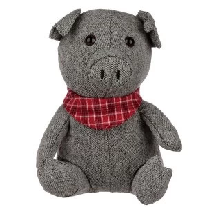 Grey Pig with Tartan Neck Scarf Door Stop