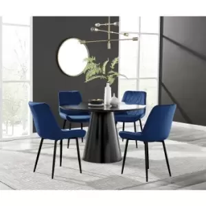 Furniturebox Palma Black Semi Gloss 120cm Round Minimalist Dining Table & 4 Navy Pesaro Black Leg Chairs