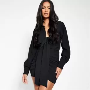 I Saw It First Drape Front Long Sleeve Shirt Dress - Black