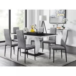 Furniturebox UK - Furniturebox Giovani 6 Black Dining Table & 6 Grey Milan Velvet Dining Chairs With Black Legs Diamond Stitch Modern Contemporary