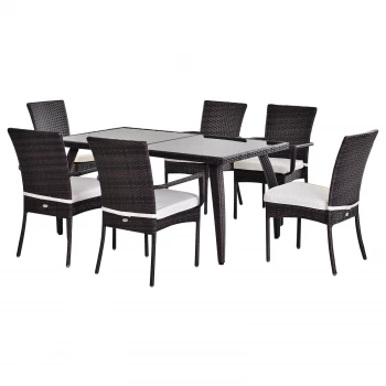 Outsunny Brown Rattan Garden Furniture Dining 7 pcs Set 6 Wicker Weave Chairs & Tempered Glass Top Table Seater W/ Cushion