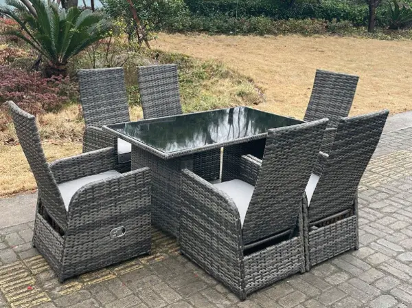 Fimous 6 Seater Outdoor Dark Grey PE Rattan Lounge Complete Dining Set with Adjustable Chair