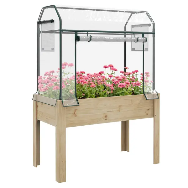 Outsunny Wooden Raised Planter w/Greenhouse Cover, Bed Liner