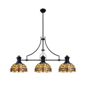 Worcester, 3 Light Linear Ceiling Pendant E27 With 30cm Tiffany Shade, Matt Black, Blue, Orange, Crystal