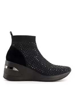 Dune London Envy Embellished Knitted Wedge Trainer - Black, Size 5, Women