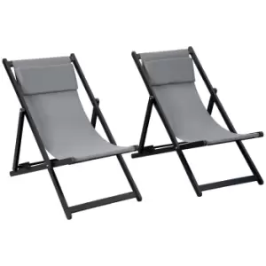 Outsunny Set of 2 Folding Garden Beach Aluminium Frame Deck Chairs Deckchairs Seaside Folding Garden Patio Lounger, Grey