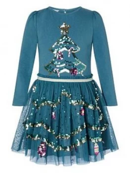 Monsoon Girls Christmas Disco Tree Dress - Teal