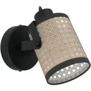 Loops - LED Wall Light / Sconce Black & Wicker Pattern Adjustable Shade 10W E27 Bulb