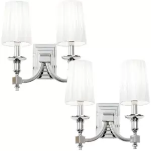 2 PACK Modern Twin Wall Light Nickel & White Pleated Shade Pretty Bedside Lamp