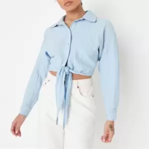 Missguided Petite Crinkle Tie Front Cropped Shirt - Blue