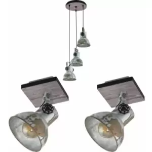 Ceiling Pendant & 2x Matching Wall Lights Industrial Raw Steel Multi Lamp Set