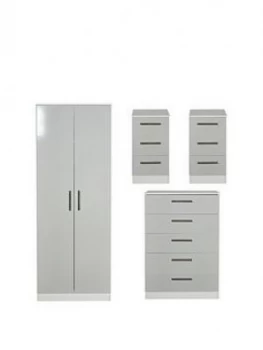 Swift Montreal Gloss Ready Assembled 4 Piece Package - 2 Door Mirrored Wardrobe, 5 Drawer Chest And 2 Bedside Chests