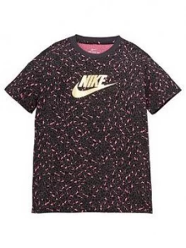 Nike Girls NSW All Over Print T-Shirt - Grey/Pink Size M Women