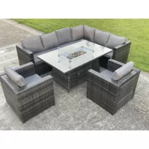 Fimous 8 Seater Outdoor Dark Grey Rattan Lounge Complete Sofa Set with Burner Gas Fire Pit Table and Gas Heater