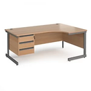 Dams International Right Hand Ergonomic Desk with Beech Coloured MFC Top and Graphite Frame Cantilever Legs and 3 Lockable Drawer Pedestal CC18ER3-G-B