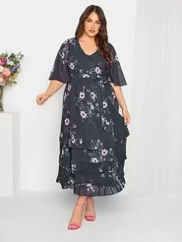 Yours Floral Ruffle Hem Maxi Dress - Navy, Blue, Size 14, Women