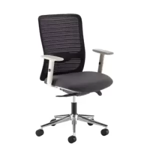 Arcade Black mesh back operator chair with grey fabric seat and light grey frame and chrome base