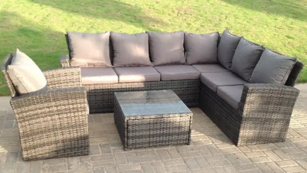 Fimous 7 Seater Outdoor Dark Grey Rattan Lounge Complete Sofa Set with Reclining Chair and Rectangular Dining Table