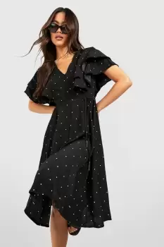 Midi Polka Dot Ruffle Angel Sleeve Midi Dress