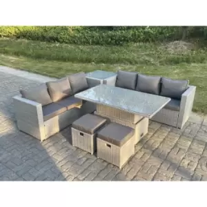 Fimous 6 Seater Outdoor Light Grey Rattan Lounge Complete Sofa Set with Adjustable Dining Table, Side Table, and 2 Stools