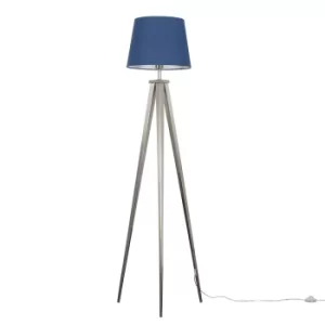 Nero Brushed Chrome Tripod Floor Lamp with Navy Blue Aspen Shade