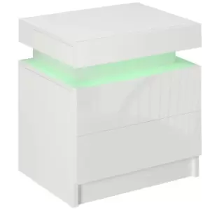 HOMCOM White Bedside Table with LED Light, High Gloss Front Nightstand with 2 Drawers, for Living Room, Bedroom