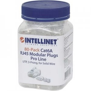 INTELLINET 80er-Pack Cat6A RJ45 modular plug Pro Line UTP 3-point wire contacting for solid wire 80 plugs in the beaker 50 µ gold-plated contacts Crim