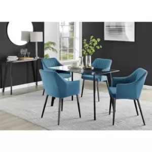 Furniturebox UK - Furniturebox Malmo Rectangular Glass and Black Wooden Leg Modern Industrial Dining Table & 4 Blue Calla Black Leg Velvet Chairs