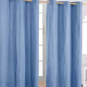 Homescapes - homecapes Cotton Plain Airforce Blue Ready Made Eyelet Curtain Pair, 137 x 182cm - Blue