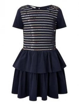 Monsoon Girls Sequin Stripe Jersey Tiered Dress - Navy