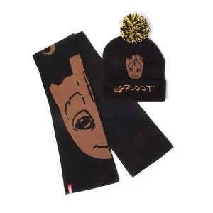 Marvel Comics - Groot Unisex Bobble Beanie & Scarf Gift Set - Black/Brown