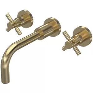 Tec Crosshead 3-Hole Basin Mixer Tap Wall Mounted - Brushed Brass - Hudson Reed