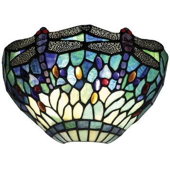 Interiors 1900 Lighting - Interiors Dragonfly Blue - 1 Light Indoor Dragonfly Tiffany Wall Uplighter Dark Bronze, Blue, E14